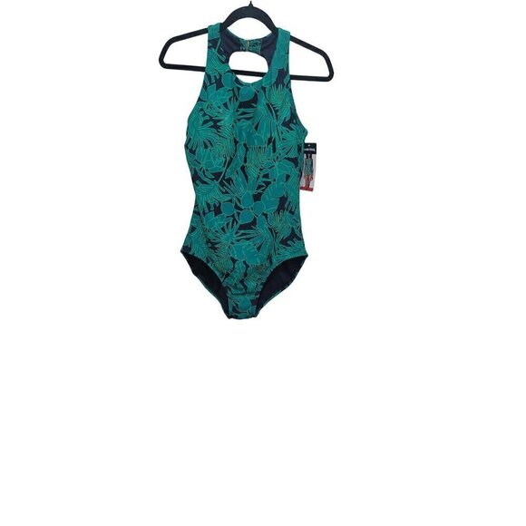 NEW LANDS END WOMEN ONE PIECE SWIMSUIT GREEN/BLUE LEAPS PRINT REMOVABLE CUP SIZE - Picture 2 of 7